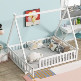 Full Size Rubber Wood Tent-shaped Floor Bed with Guardrails, Slats And Door