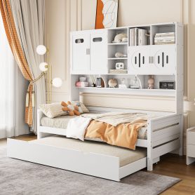 Twin Size Wooden Daybed With Twin Size Trundle, and All-in-One Cabinet and Shelf