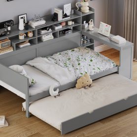 Wooden Twin Size Daybed With Storage Shelves, Twin Size Trundle Bed and  Study Desk