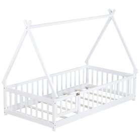Twin Tent-shaped Floor Bed, Teepee Bed with Guardrails, Slats and Door