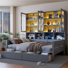 Full Size Wooden Daybed with Glass-Door Storage Cabinets, Built-in LED Lighting and Shelves