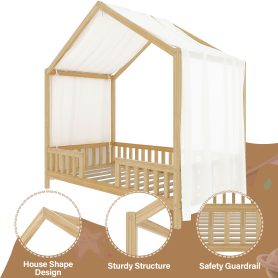 Twin Size Montessori Floor Bed With Canopy and High Railings