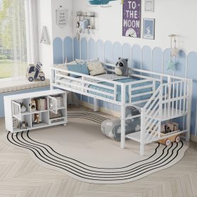 Twin Metal Low Loft Bed With Storage Cubby and Stairs