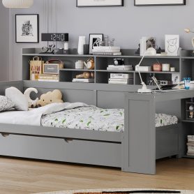 Wooden Twin Size Daybed With Storage Shelves, Twin Size Trundle Bed and  Study Desk