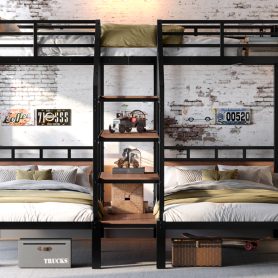 Triple Metal Twin Over Twin Over Twin Bunk Bed With Storage Shelves And Storage Stairs