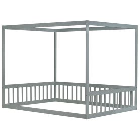 Full Size Canopy Frame Rubber Wood Floor Bed with Fence and Guardrails