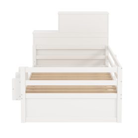 Twin Size Wood Platform Bed With Sample Bookshelf And Movable Wardrobe, Built-in Trundle Bed