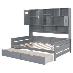 Full Size Wooden Daybed With 2 Drawers, and All-in-One Cabinet and Shelf
