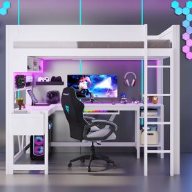 Wood Full Size Gaming Loft Bed with Desk, Storage Shelves, LED and Charging Station