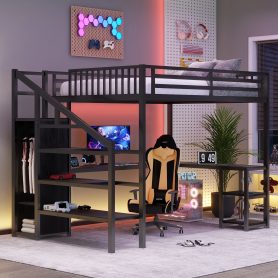 Metal Queen Size Loft Bed With L-Shaped Desk, USB, Wardrobe And LED Light