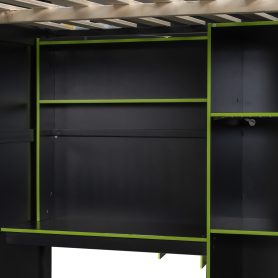 Full Size Wood Loft Bed with Desk, Open Wardrobe, Storage Compartments and RGB Lights