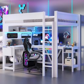 Wood Full Size Gaming Loft Bed with Desk, Storage Shelves, LED and Charging Station