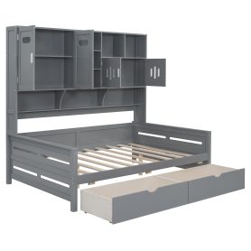 Full Size Wooden Daybed With 2 Drawers, and All-in-One Cabinet and Shelf