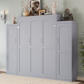 Queen Size Murphy Bed with 2 Wardrobe and Storage Shelf,