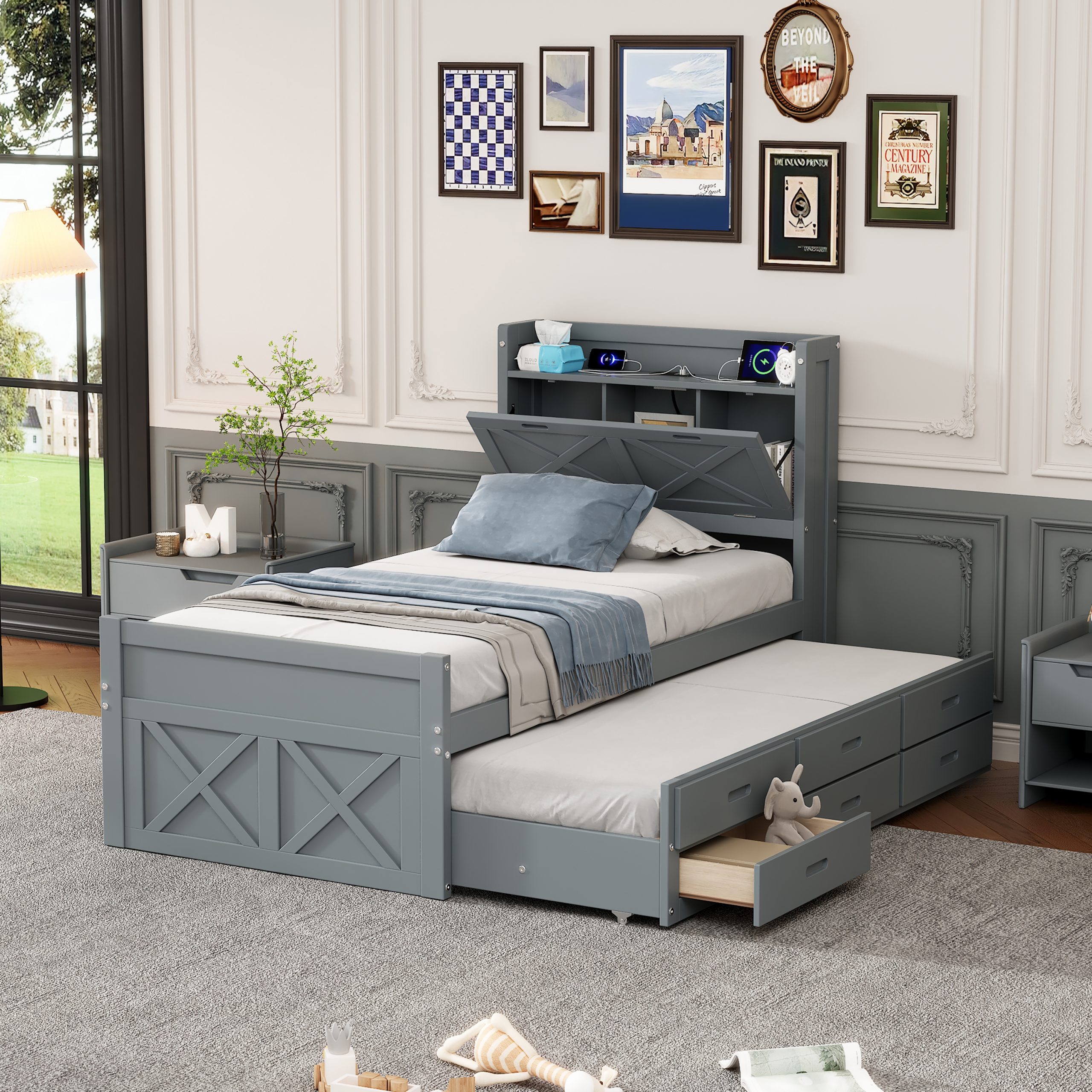 Twin Size Wooden Bed With Storage Headboard With Outlets, Twin Size Trundle With Three Storage Drawers