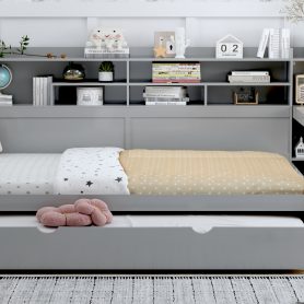 Wooden Full Size Daybed With Storage Shelves, Twin Size Trundle Bed and  Study Desk