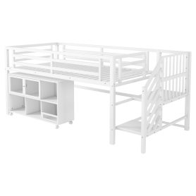 Twin Metal Low Loft Bed With Storage Cubby and Stairs
