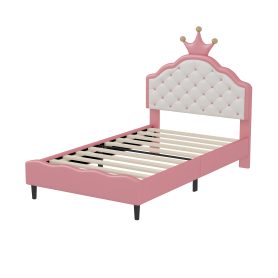 Twin Size  Lovely Crown Fantasy PU Leather Princess Bed With Tufted Headboard