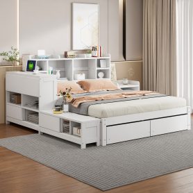 Full Size Wooden Platform Bed With Multi-functional Storage Space, Nightstand, 2 Drawers, Usb Ports And Desk