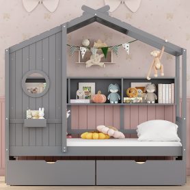 Wooden Twin Size House Bed With 2 Drawers and Storage Shelf