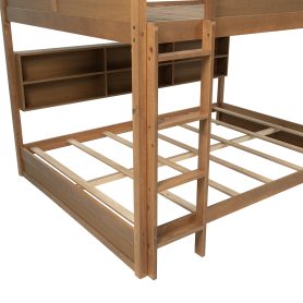 Queen Over Queen Bunk Bed with Built-in Storage Cabinets, Charging Station, Ladder, Safety Guardrails