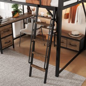 Queen Size Loft Bed with Desk and LED, Metal Loft Bed with Storage Shelves