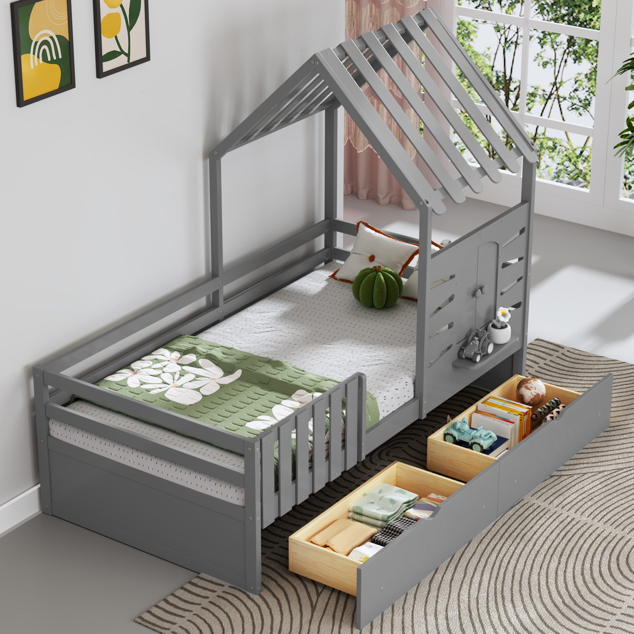 Twin Size House Bed With 2 Storage Drawers and Guardrails