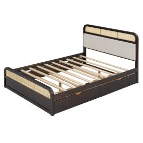 Queen Size Wooden Platform Bed With Trundle And 2 Drawers