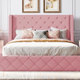 Upholstered Platform Bed Queen Size Storage Velvet Bed with Wingback Headboard and 1 Big Drawer,2 Side Storage Stool