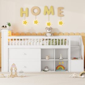 Wood Low Twin Size Loft Bed With LED, Bookshelf, Stairs, Storage Drawers And Shelves