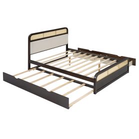 Queen Size Wooden Platform Bed With Trundle And 2 Drawers