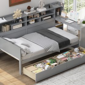 Wooden Twin Size Daybed With Storage Shelves, Two Storage Drawers  and  Study Desk