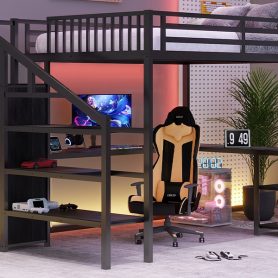 Metal Queen Size Loft Bed With L-Shaped Desk, USB, Wardrobe And LED Light