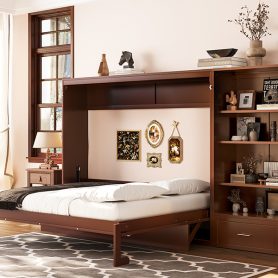 Queen Size Murphy Bed with Height Adjustable Storage Compartments and Shelf