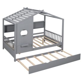 Wooden Full Size House Bed With Trundle and Storage Shlef