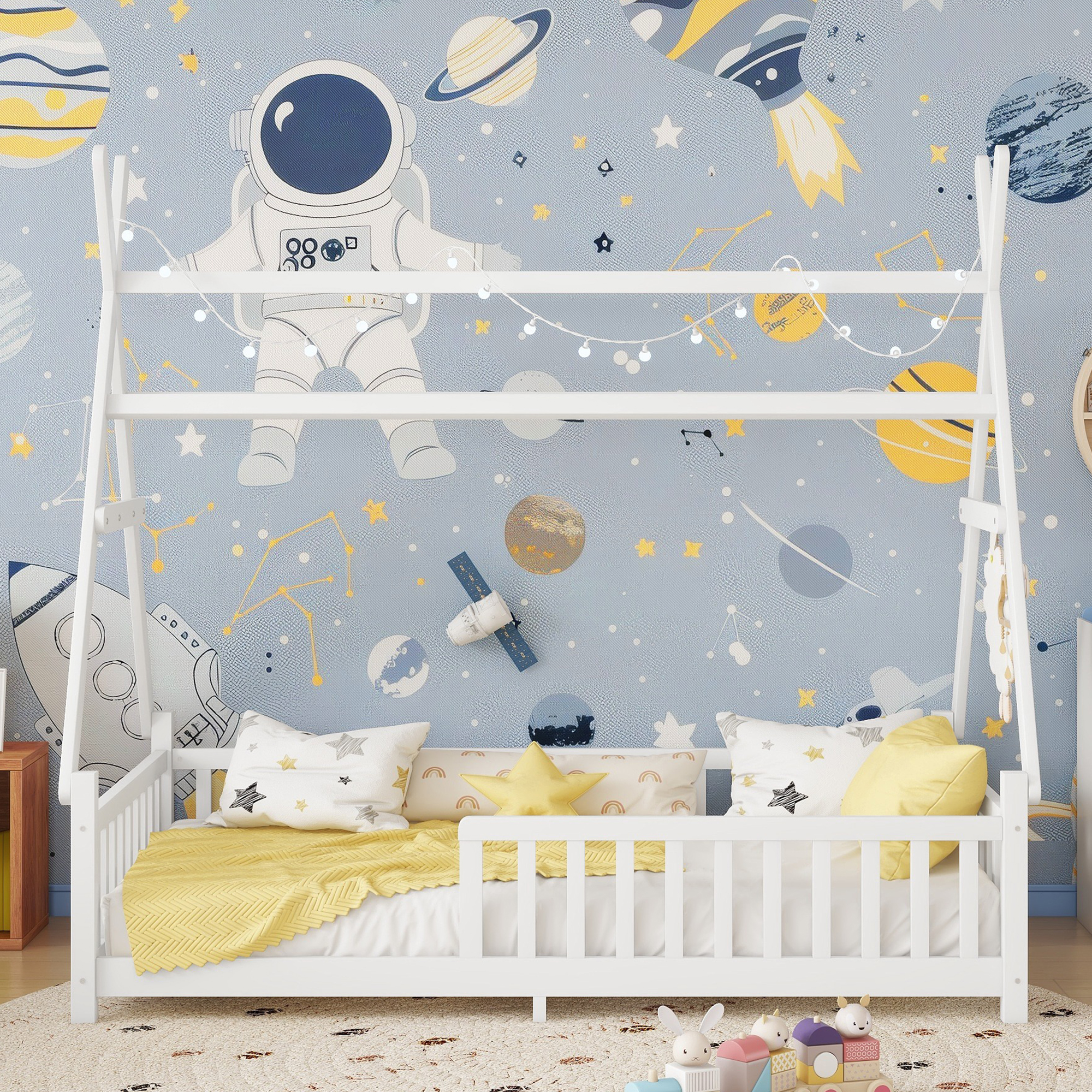 Low Floor Twin House Bed With Light, Fence And Roof 5 Low Floor Twin House Bed With Light, Fence And Roof