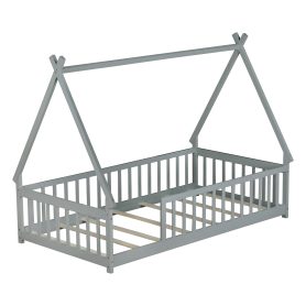 Twin Tent-shaped Teepee Bed with Guardrails, Slats