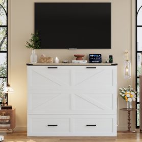 Full Size Farmhouse Murphy Cabinet Bed With Charging Station and Large Storage Drawer