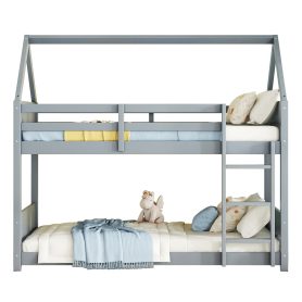 Twin Over Twin House Floor Bunk Bed with Headboards, Footboards and Guardrails, Ladder