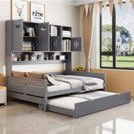 Full Size Wooden Daybed With Twin Size Trundle, and All-in-One Cabinet and Shelf 40 Full Size Wooden Daybed With Twin Size Trundle, and All-in-One Cabinet and Shelf