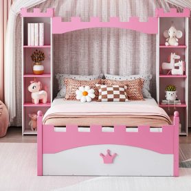 Castle-Shaped Twin Wooden Bed with Storage Shelf