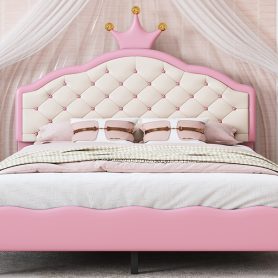 Full Size Lovely Crown Fantasy PU Leather Princess Bed With Tufted Headboard