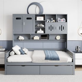 Full Size Wooden Daybed With 2 Drawers, and All-in-One Cabinet and Shelf