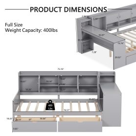 Wooden L-Shape Full Daybed Frame with Study Desk and Built-in Bookshelf