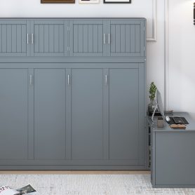 Queen Size Wall Murphy Bed With Desk And Storage Shelves And Big Cabinets