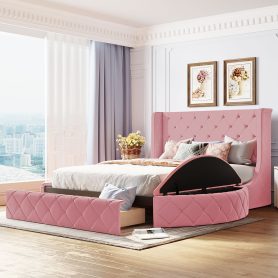 Upholstered Platform Bed Queen Size Storage Velvet Bed with Wingback Headboard and 1 Big Drawer,2 Side Storage Stool