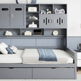 Full Size Wooden Daybed With 2 Drawers, and All-in-One Cabinet and Shelf