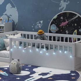 Twin Montessori Floor Bed Frame With High Rails, Light And Storage Shelf