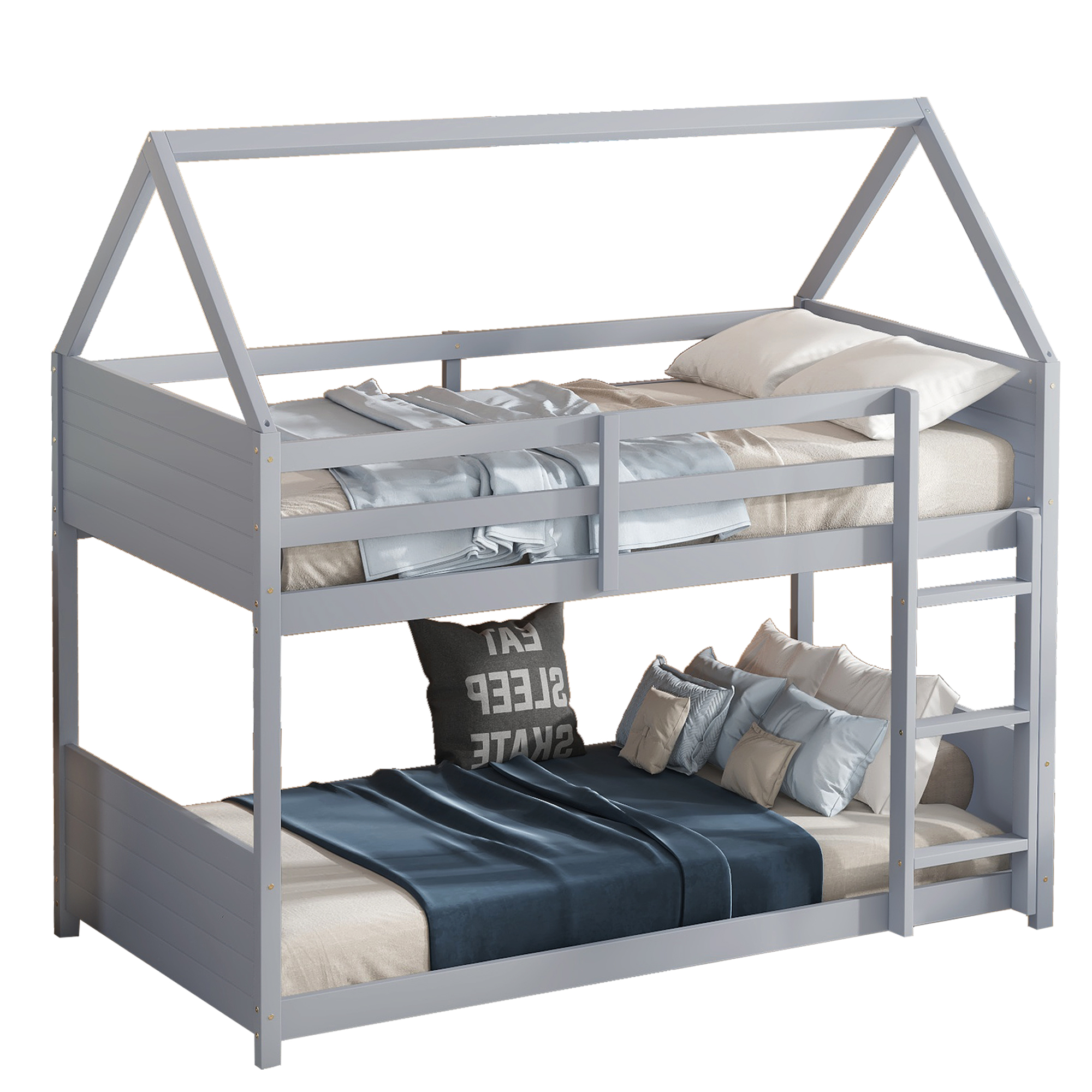 Rubber Wood Twin Over Twin House Floor Bunk Bed With Headboards, Footboards, Guardrails And Ladder 9 Rubber Wood Twin Over Twin House Floor Bunk Bed With Headboards, Footboards, Guardrails And Ladder