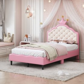 Twin Size  Lovely Crown Fantasy PU Leather Princess Bed With Tufted Headboard